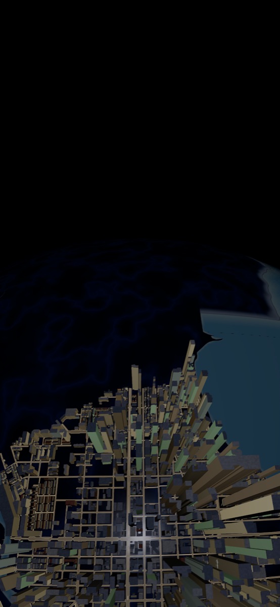 Downtown Chicago curving around the edge of a small black glass planet, seen from high above.