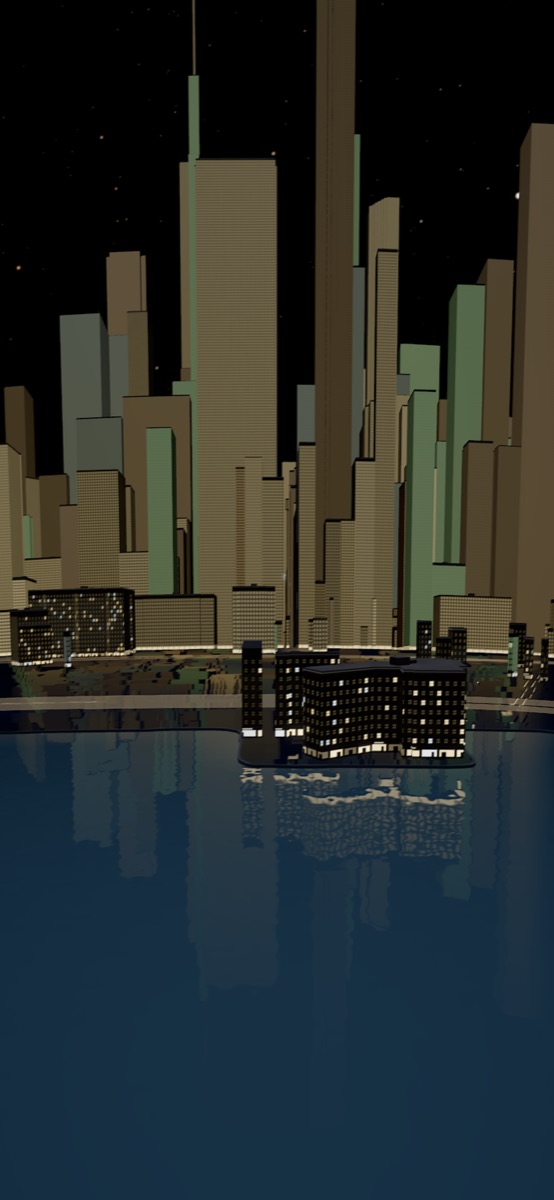 The Chicago skyline at night across dark liquid, under a sky full of stars.