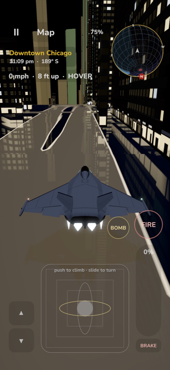 The space fighter hovering over a street in downtown Chicago at night, with the touch controls on screen.